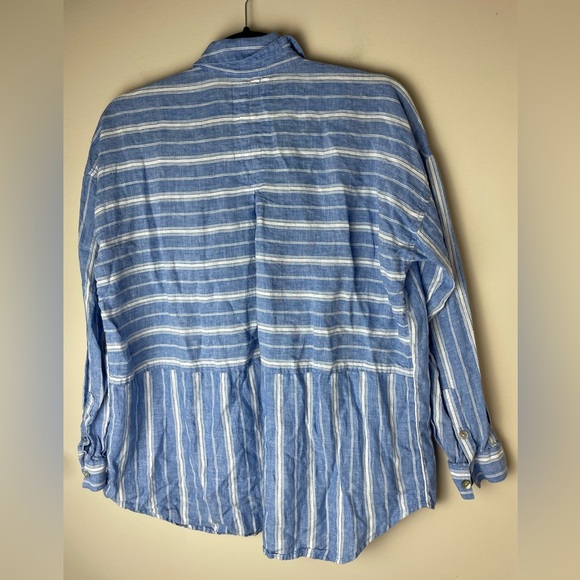 J Jill Love Linen Shirt Blue White Striped Button Up Small Petite Relaxed Beach - Picture 5 of 8